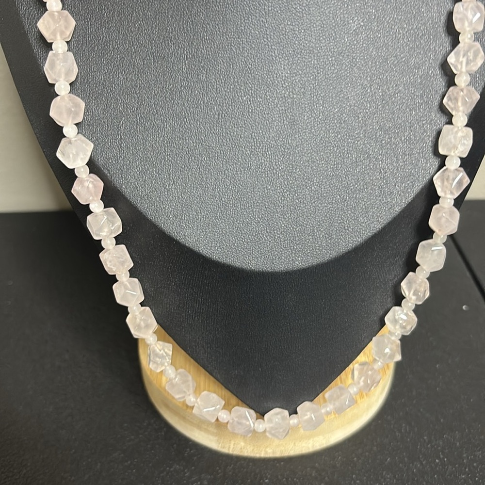 Pink Quartz Long Cube Necklace Gemstone Beaded Princess - Picture 2 of 7